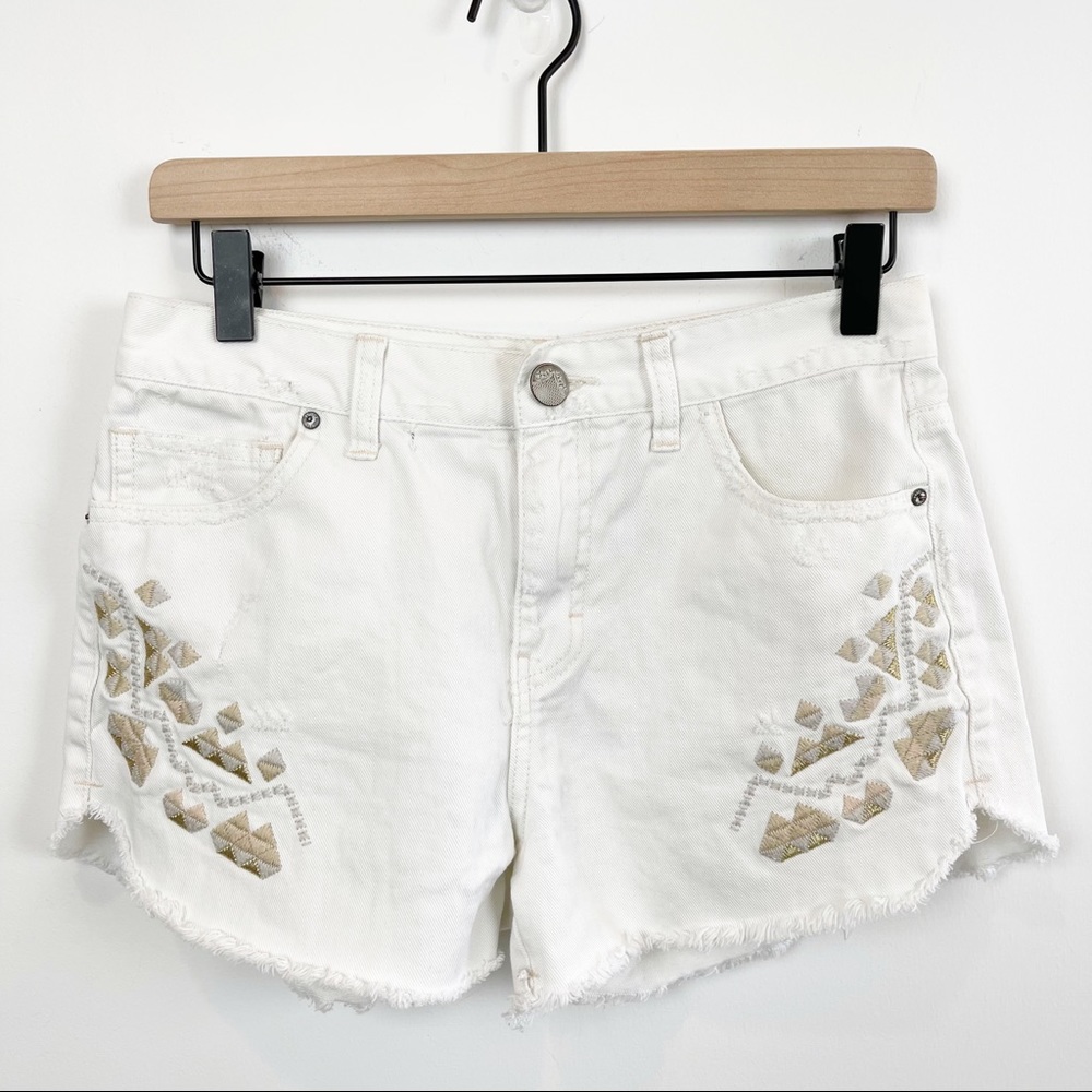 Free People Tulum Embroidered Raw Hem Jean Shorts